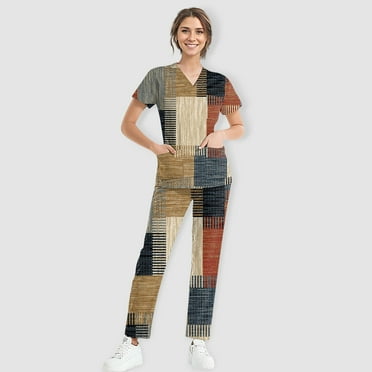 GXIPO Floral Scrub Sets for Woman V-Neck Scrub Top & Pant with Pockets Medical Nursing Uniforms Set Stretch Workwear
