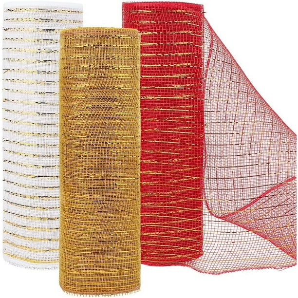 3 rollos de 90 pies de cinta de malla dorada, roja y blanca de 10.24 pulgadas de grosor, con malla plástica y detalles dorados. Cintas navideñas de malla ancha.