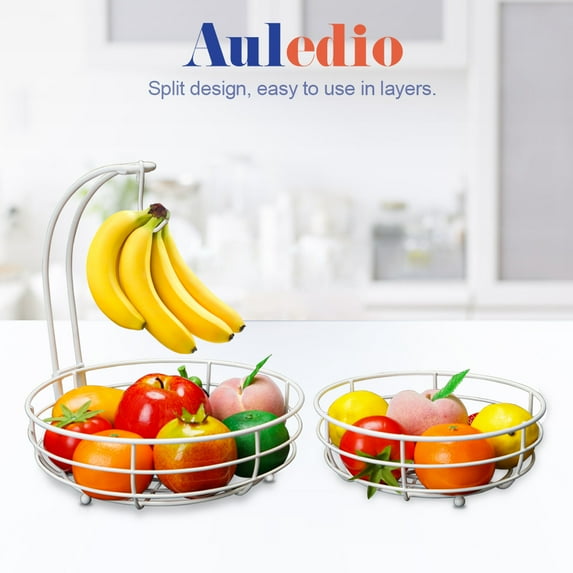 Auledio Houseware 2-Tier Fruit Vegetable Basket with Banana Tree Hanger Kitchen Countertop Organizer, White
