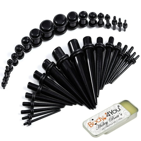 - BodyJ4You 37PC Gauges Kit Ear Stretching Aftercare Balm 14G-00G Black Acrylic Taper Plug Jewelry Set