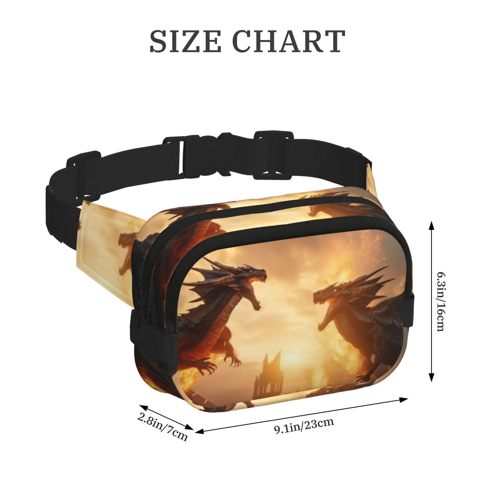 Picia Castle Cool Fire Dragon Print Square Double-Layer Waist Bag Mini Adjustable Waist Belt Bag Exercise Running Travel Hiking