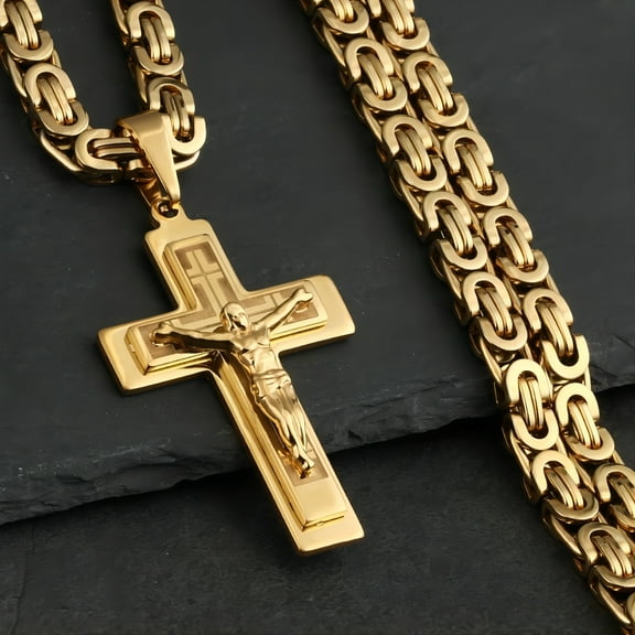 Lordluxury Bible Silver Color Jesus Cross 14K Yellow Gold Pendants Necklaces Byzantine Long Chain Necklace for Men Jewelry B231