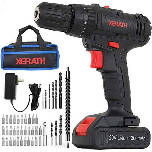 Kit de Perceuse Sans Fil, Set de Perceuse à Percussion 20V Max. avec Batterie Lithium-Ion, Chargeur Rapide, Embrayage 21+1+1, Couple de 330 Lb, Vitesse Variable et LED Intégré pour le Forage de Murs, Briques, Bois, Métal