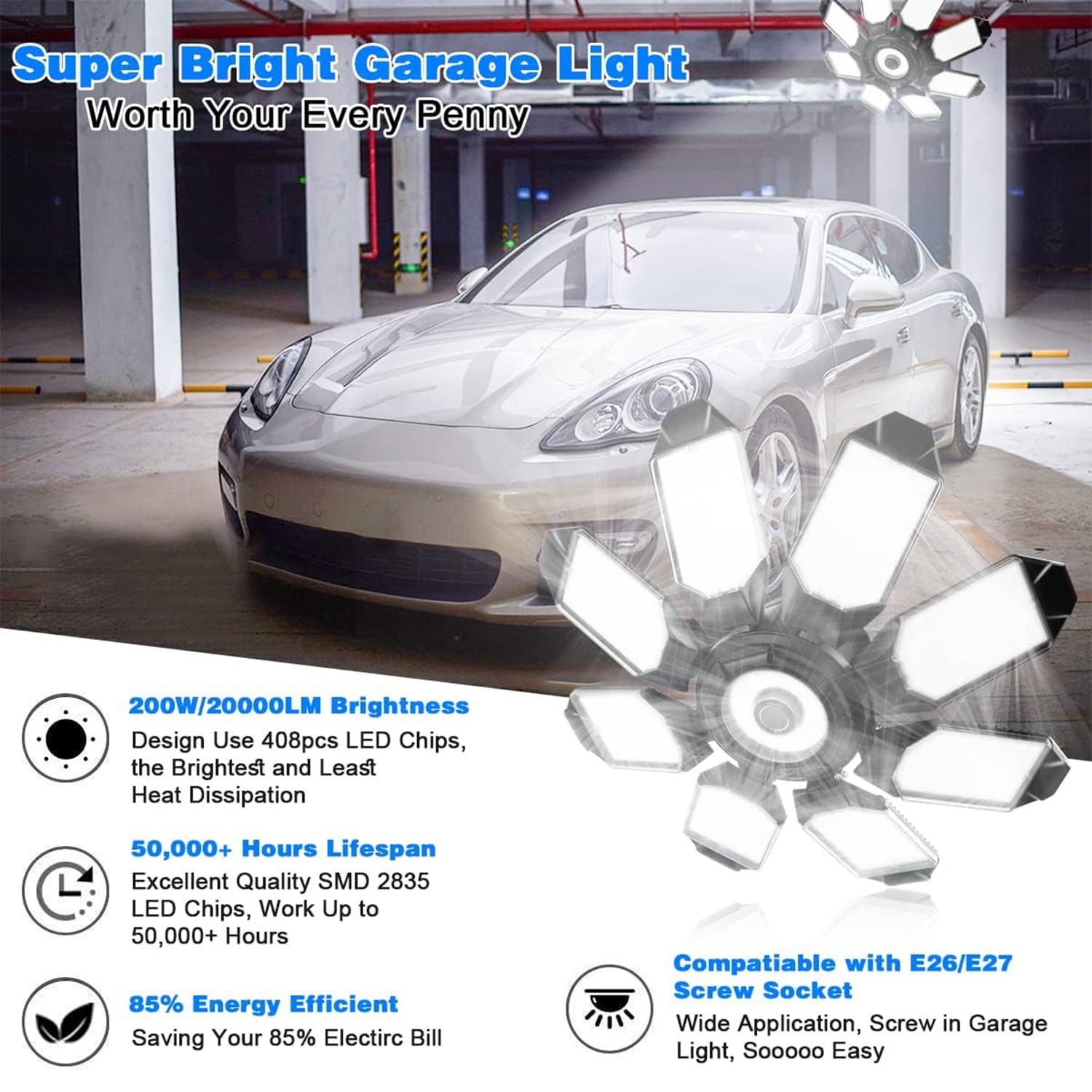 PANGOLIN LED Garage Lights, Super Bright 20000LM 200W LED Garage Ceiling Light, 6500K LED Shop Light, W/8 Deformable Panels Screw in E26/E27 Socket LED Bulbs for Workshop Storage Warehouse Atti
