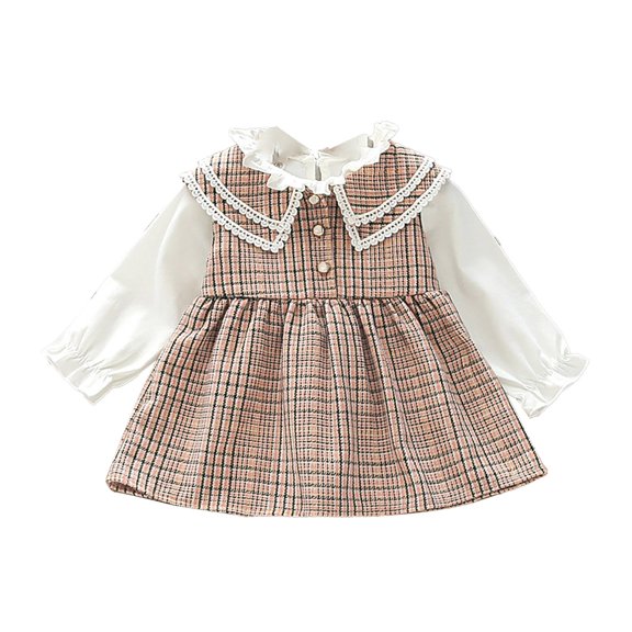 Mercatoo Baby Girl's Long Sleeve Spring And Autumn Dress Korean Version Simple Style Waistcoat Two Piece Plaid Skirt