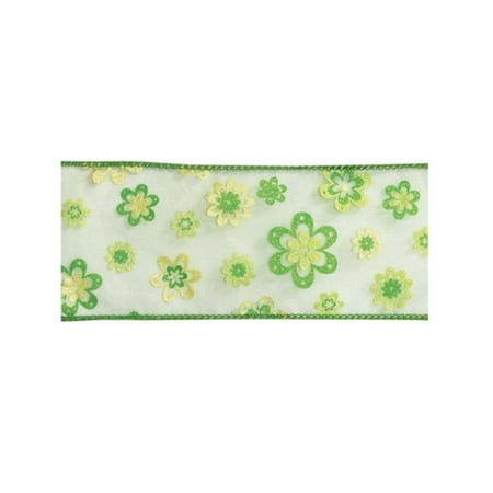 UPC 257554431983 product image for Pack of 6 Green and Yellow Flowers Wired Nylon Ribbon 2.5