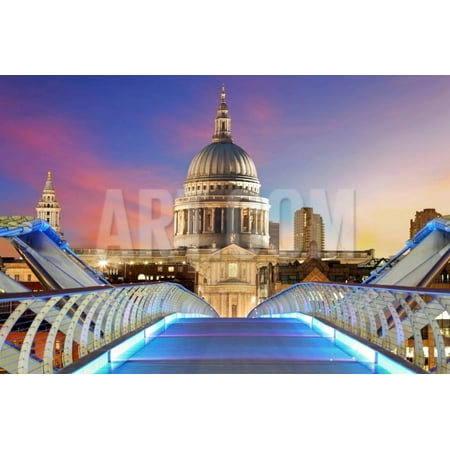 Millennium Bridge Leads to Saint Paul's Cathedral in Central London at Night Print Wall Art By