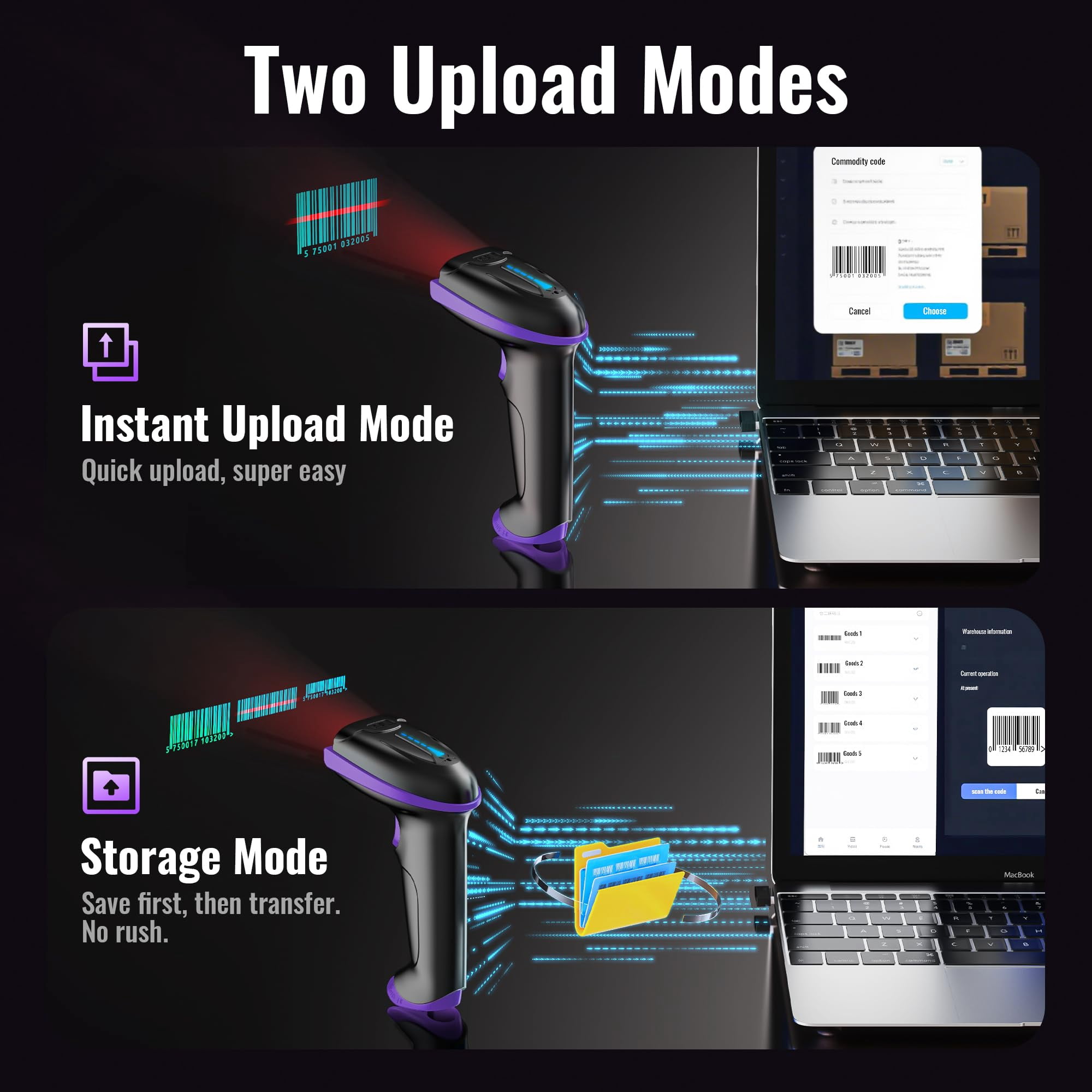 Tera 5100 Barcode Scanner Wireless 1D Laser QR Code Reader, Handheld 2-in-1 for POS with Windows Mac Linux (Purple)