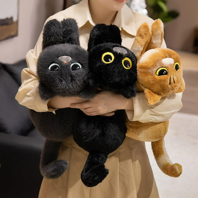 Simulation Stuffed Black Tabby Cat is Stretching,Lifelike Furry