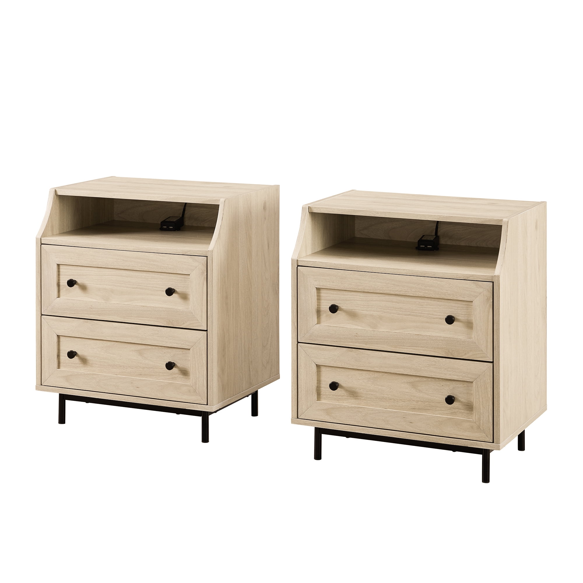 Walker Edison Modern 2 Drawer USB Port Nightstand, Set of 2, Birch
