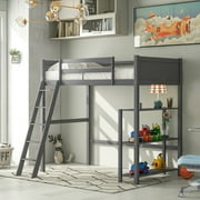 Twin Size Loft Bed , Loft Bed with Desk and Storage Shelves, Wooden Twin Size Loft Bed with Desk , No Box Spring Needed (Twin,Gray with Shelves )