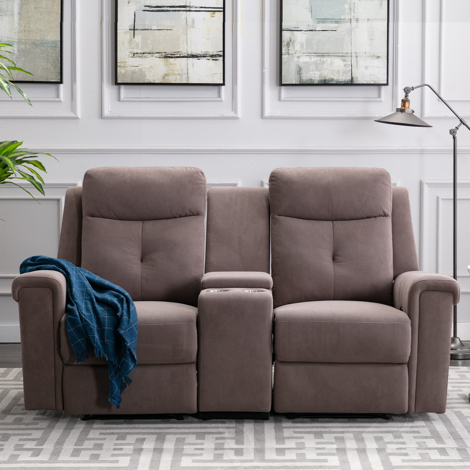 Kepooman Polyester Fabric Manual Motion Loveseat with Storage Box & Two Cup Holders Kepooman Polyester Fabric Manual Motion Loveseat with Storage Box & Two Cup Holders