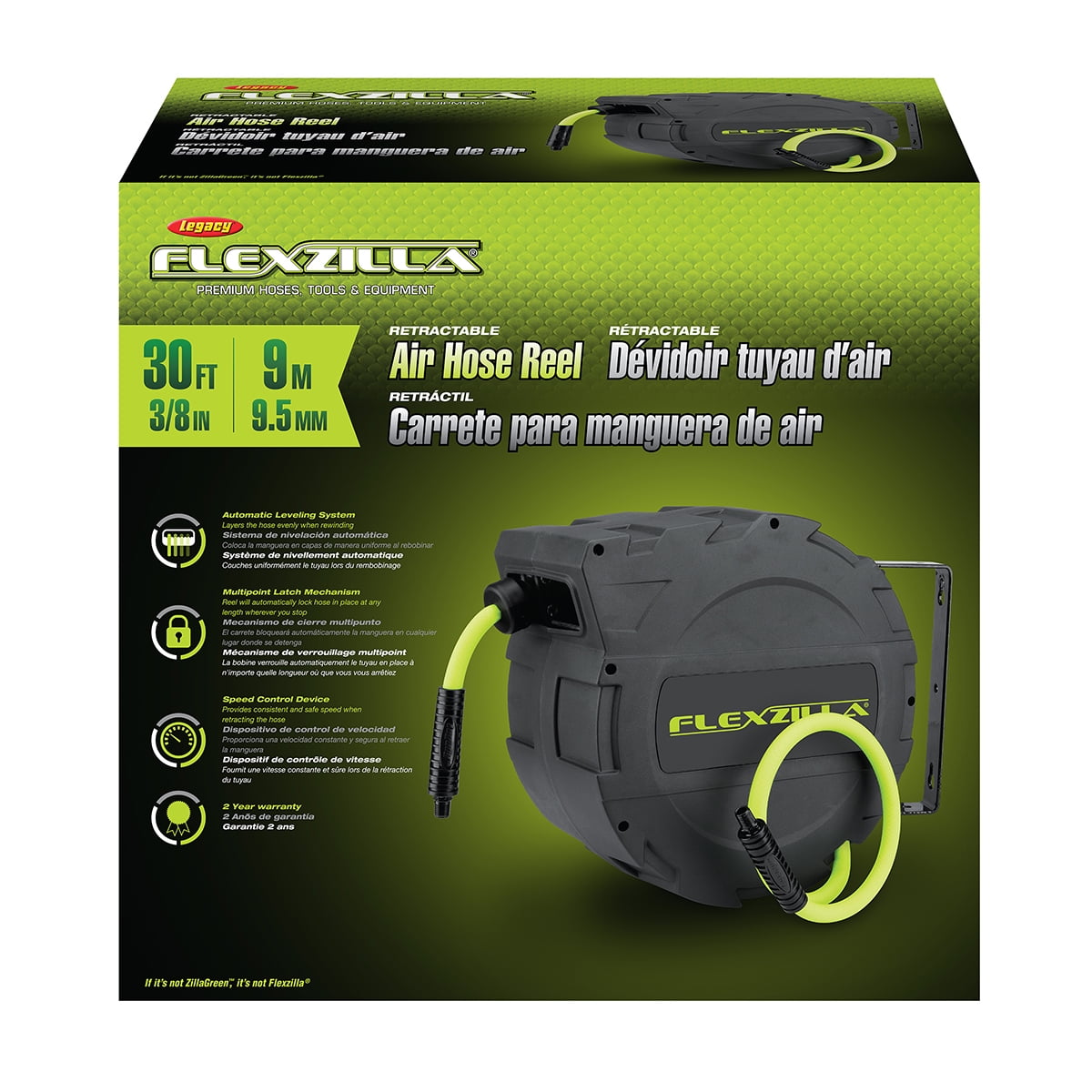 Flexzilla® Enclosed Plastic Retractable Air Hose Reel, 3/8" x 30', ZillaGreen™