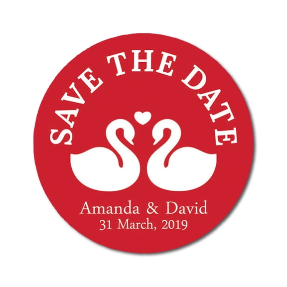 Darling Souvenir Round 45 Pcs Loving Swans Save The Date Stickers Personalized Bride Groom Names And Date Envelope Seals - Red