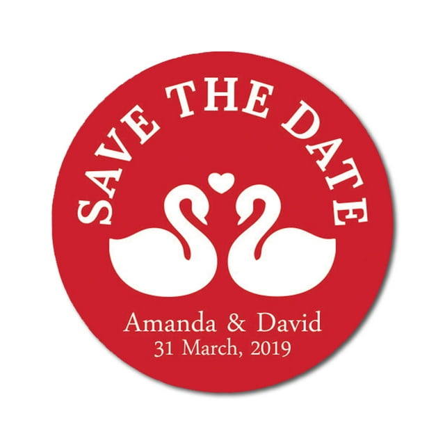 Darling Souvenir Round 45 Pcs Loving Swans Save The Date Stickers Personalized Bride Groom Names And Date Envelope Seals - Red