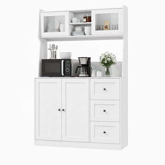 TROPOW Farmhouse Pantry Cabinet with Microwave Shelf, Kitchen Hutch Storage Cabinet with Countertop, Drawers & Glass Doors, Wooden Coffee Bar Station for Dining Room Living Room