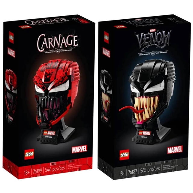 lego marvel carnage bust 76199 + venom bust 76187 exclusive set Conjunto exclusivo LEGO con dos bustos ensamblados de Marvel: Carnage en rojo y negro y Venom en negro sobre bases negras, vista frontal con ojos blancos, dientes expuestos y lengua curvada en Venom; cajas de empaque negras visibles con conteo de piezas impreso. A menudo se usan para exhibición en vitrinas.
