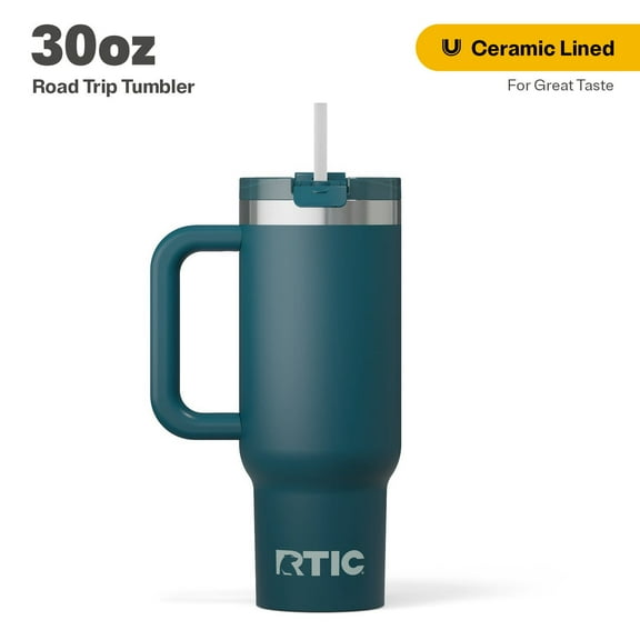 RTIC 30 oz Insulated Tumbler with Handle, Ceramic Lined, Leak-Resistant Straw Lid, Marine, Road Trip Tumbler