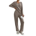 thumbnail image 3 of Womens Ribbed Knit 2 Piece Sets Long Sleeve Sweater and Wide Leg Pants Loungewear Pajamas Set Deep Khaki XXL, 3 of 8