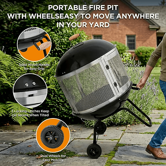 Red Mountain Valley 28" Portable Wood Burning Fire Pit with Wheels, Spark Screen, Cooking Grate & Poker, Round Outdoor Steel Firepit for Patio Backyard Camping