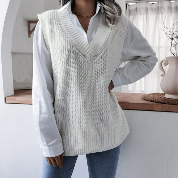 White Sweater Vest Women's V-neck Sleeveless Loose Chunky Knitted Pullover Jumper Tops Sweaters For Women Fall