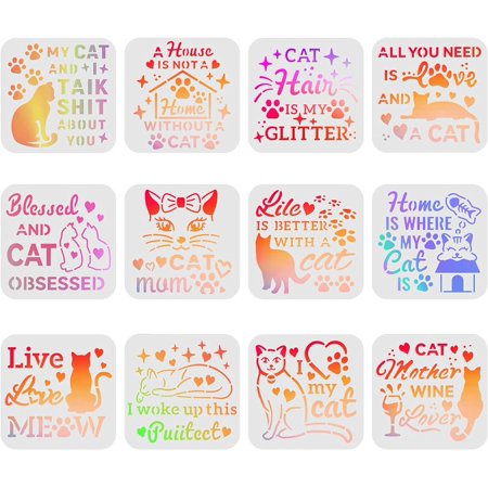 12 Pcs Cat Stencils Drawing Painting Templates Sets