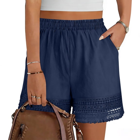 Pafei Tyugd Plus Size Linen Shorts for Women Dressy Casual Lace Trim Hollow Out Summer Shorts with Pockets 2026 Navy M