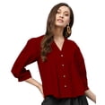 thumbnail image 1 of eloria Women's Top V Neck Full Sleeve Pleated Button Down Cotton T-Shirt, Color: Maroon | Size: L, 1 of 6