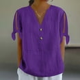 thumbnail image 2 of Cmfcve Woman Gauze Top Women's Cotton Linen Short Sleeve Tie Button Henley Blouse V-Neck Loose Lightweight Summer Casual Tee Shirt, 2 of 7