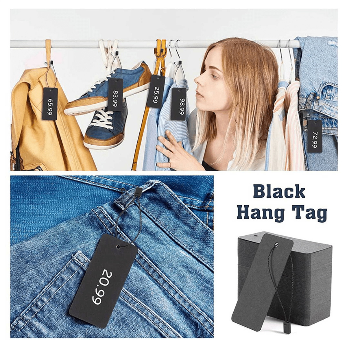 800 Set Black Price Tags with String Gift Tags with Pins Custom Clothing Tags Black Kraft Paper Hang Tags