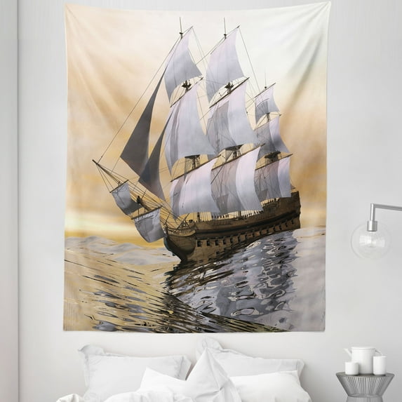 Maritime Tapestry, Ship Sailing on the Ocean with Full Sail Digital Computer Graphic Composition, Fabric Wall Hanging Decor for Bedroom Living Room Dorm, 5 Sizes, Multicolor, by Ambesonne