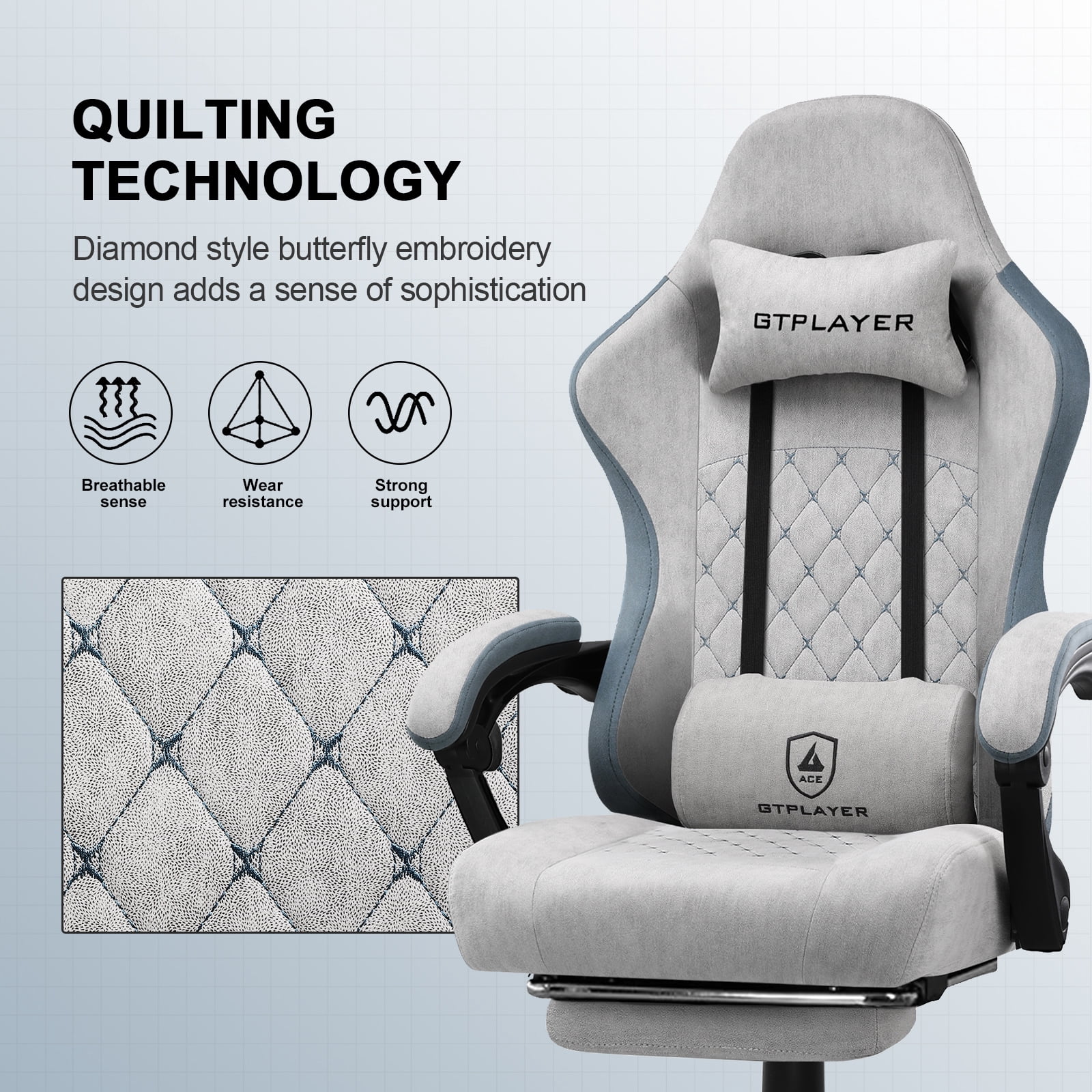 GTPLAYER Ergonomic Pocket Spring Cushion Gaming Chair with Footrest and Linkage Armrests, Gray