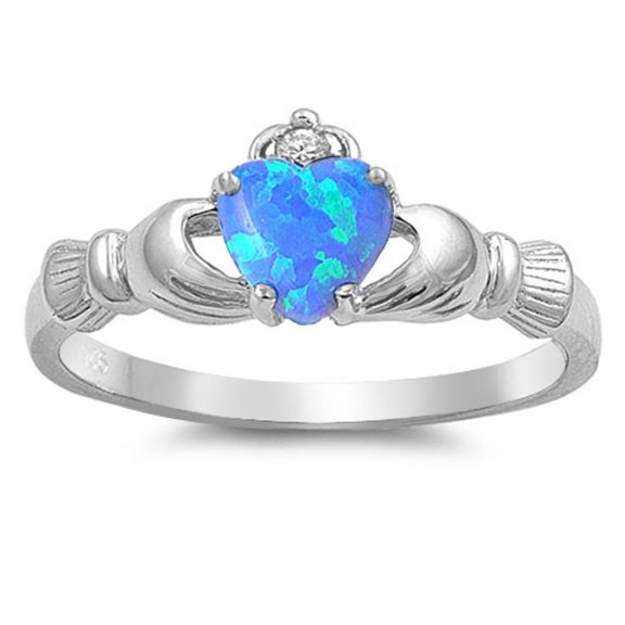 CHOOSE YOUR COLOR Blue Simulated Opal Elegant Claddagh Ring 925 Sterling Silver Band White CZ Female Size 9