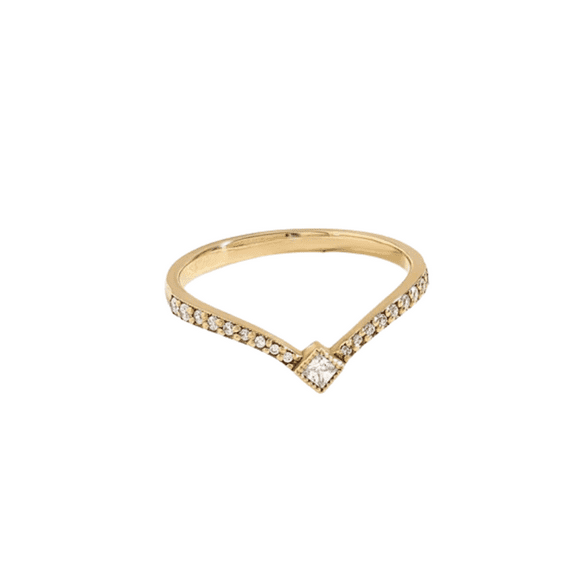 Round Cut Diamond Curved Wedding Ring- V Shaped Ring in 14K Yellow Gold Finish- Dainty Diamond Ring