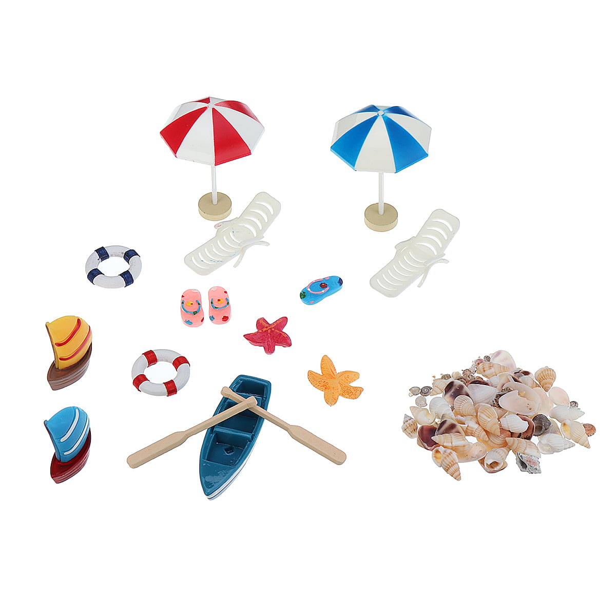 Beach Umbrella Boat Beach Style Miniatures 12PCS Set DIY Fairy Garden Dollhouse Accessories Decor Lift Buoy Deck Chair Starfish and Shell