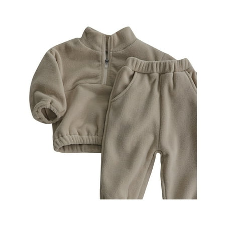 

BIZIZA Baby Girl Outfit Velvet 2-Piece Winter Half Zip Up Sweatshirt Fleece Long Sleeve Pants for Infant Kids Khaki 90