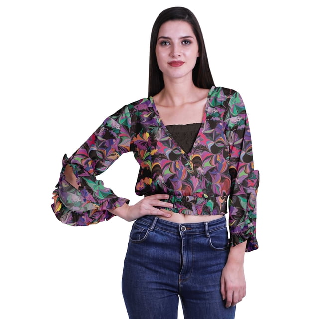 Moomaya Printed Womens Crop Top Wrap Style Top Wear Ruffle Long Sleeve Casual Summer Blouse