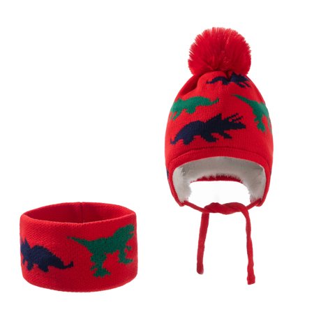 

Mchoice Winter Warm Knitted Hat with Scarf for Toddler Baby Infant Dinasaur Printed Soft Beanie Thicken Cap with Pompom for Baby Boys and Girls on Clearance
