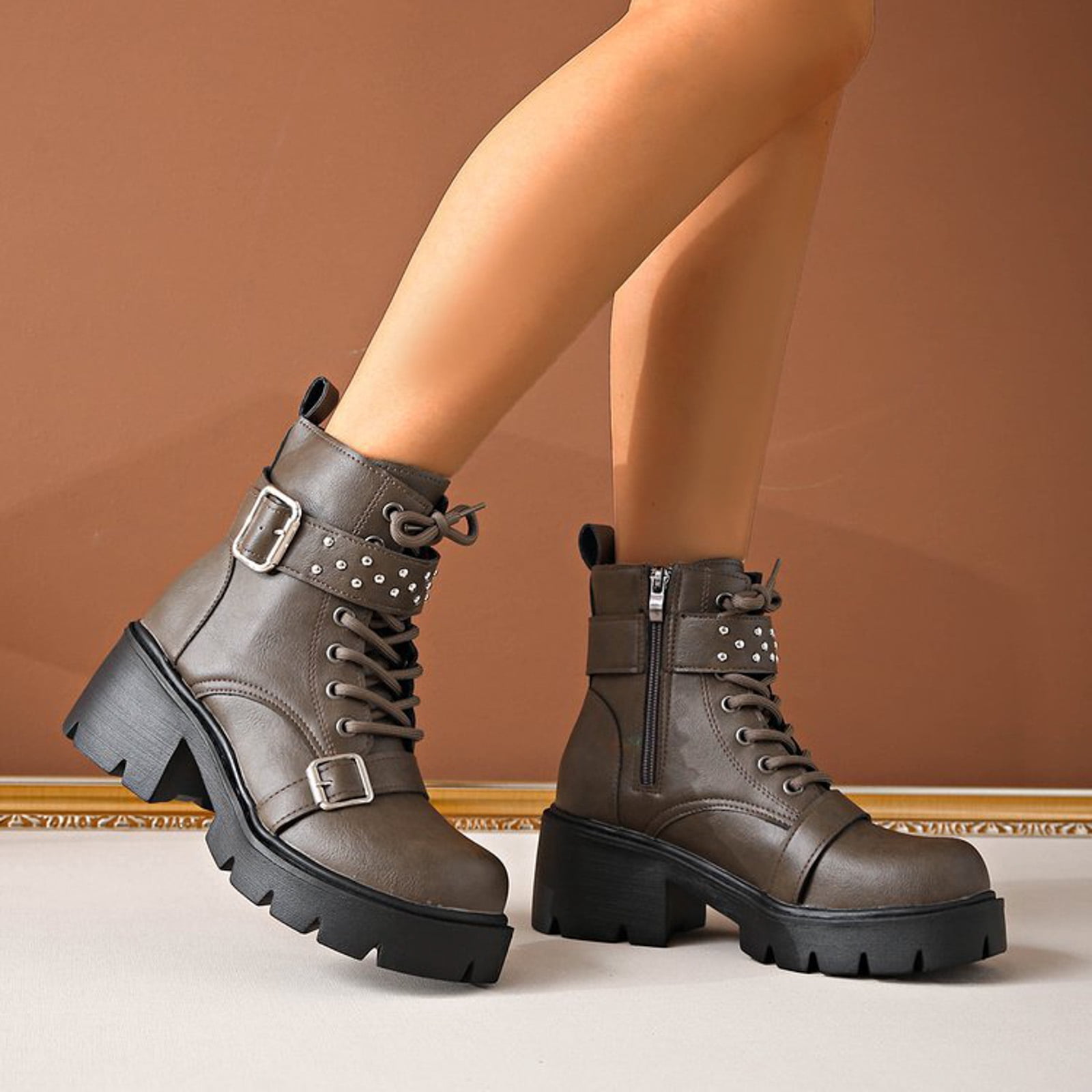 UngA Women Combat Boots Lace Up Boots Low Heel Ankle Booties 
