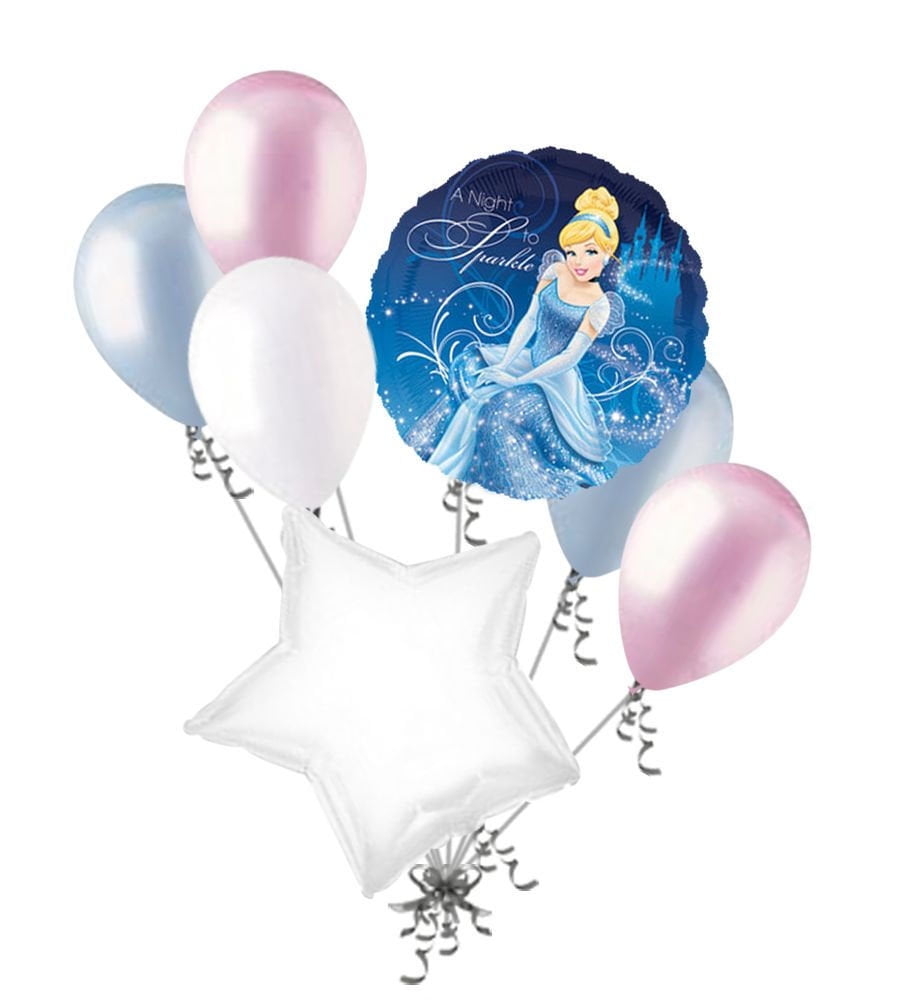 7 Pc Cinderella Sparkle Disney Princess Heart Balloon Bouquet Happy Birthday 8372