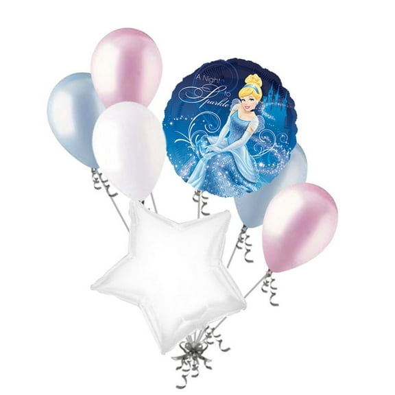 7 pc Cinderella Sparkle Disney Princess Heart Balloon Bouquet Happy Birthday
