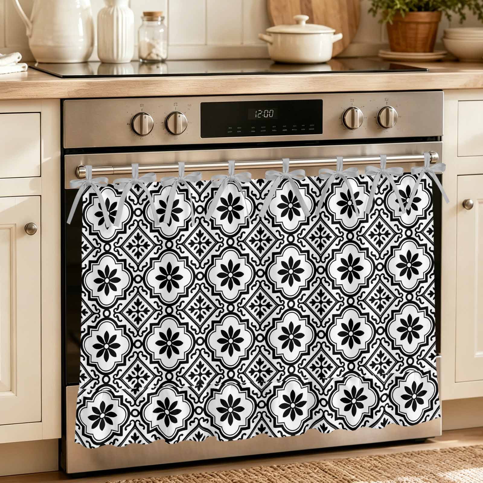 Oven Skirt Curtain for Kitchen 20x27 Inch Black Petals Oven Curtain with 8 Ribbon Ties & Ruffle Trim Stove Skirt Curtain Dishwasher for Cabinets Over Sinks Abstract Floral Grids Boho Mediterranean
