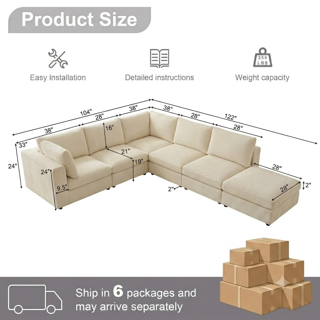 Howcool Cloud Couch Modular Sectional Sofa 6 Seat 122" L Shaped Reversible Convertible Couch, Corduroy Thick Cushion with Storage Ottomans, Washable Removable Cover for Living Room,Beige