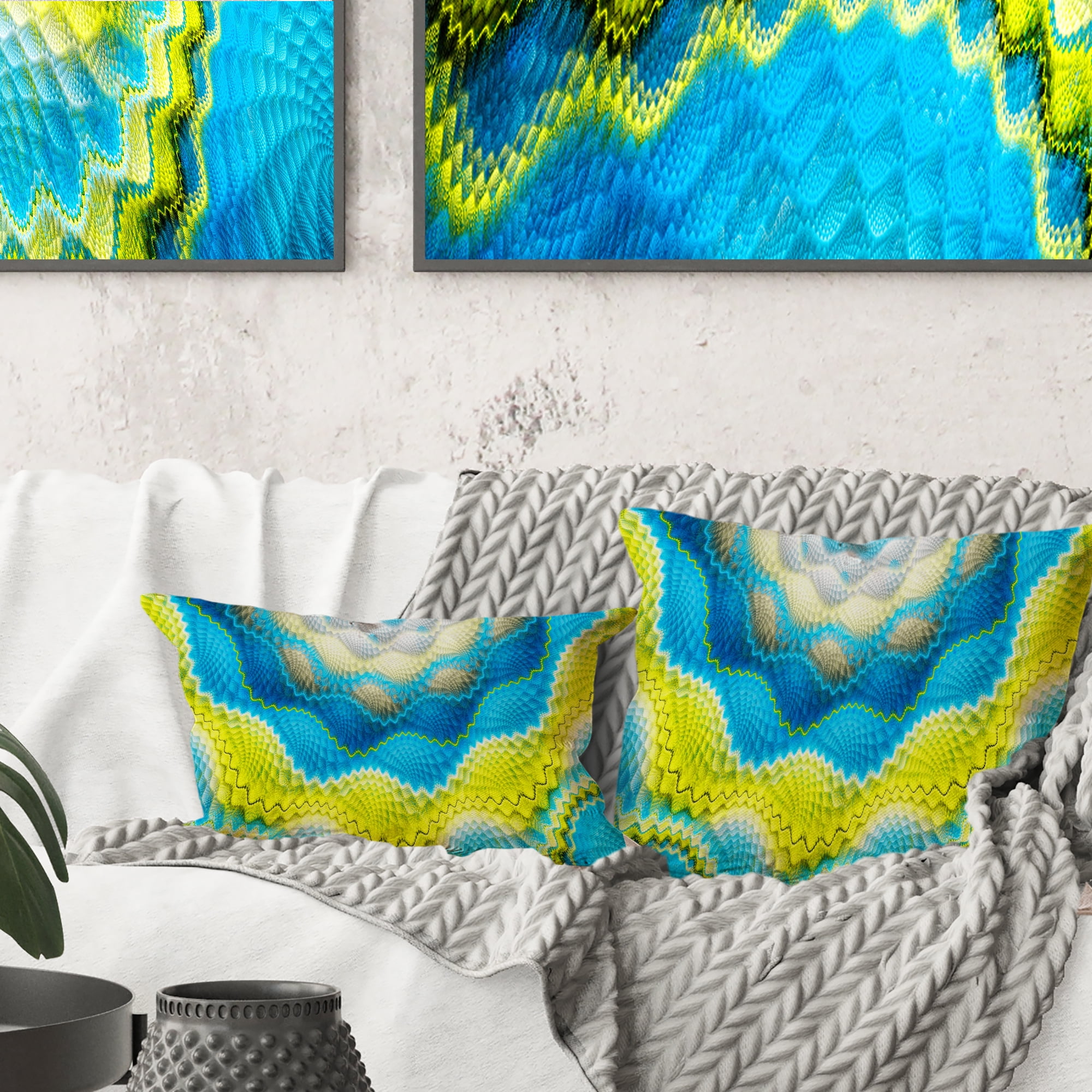 Designart Blue Yellow Spiral Snake Skin - Floral Throw Pillow - 16x16