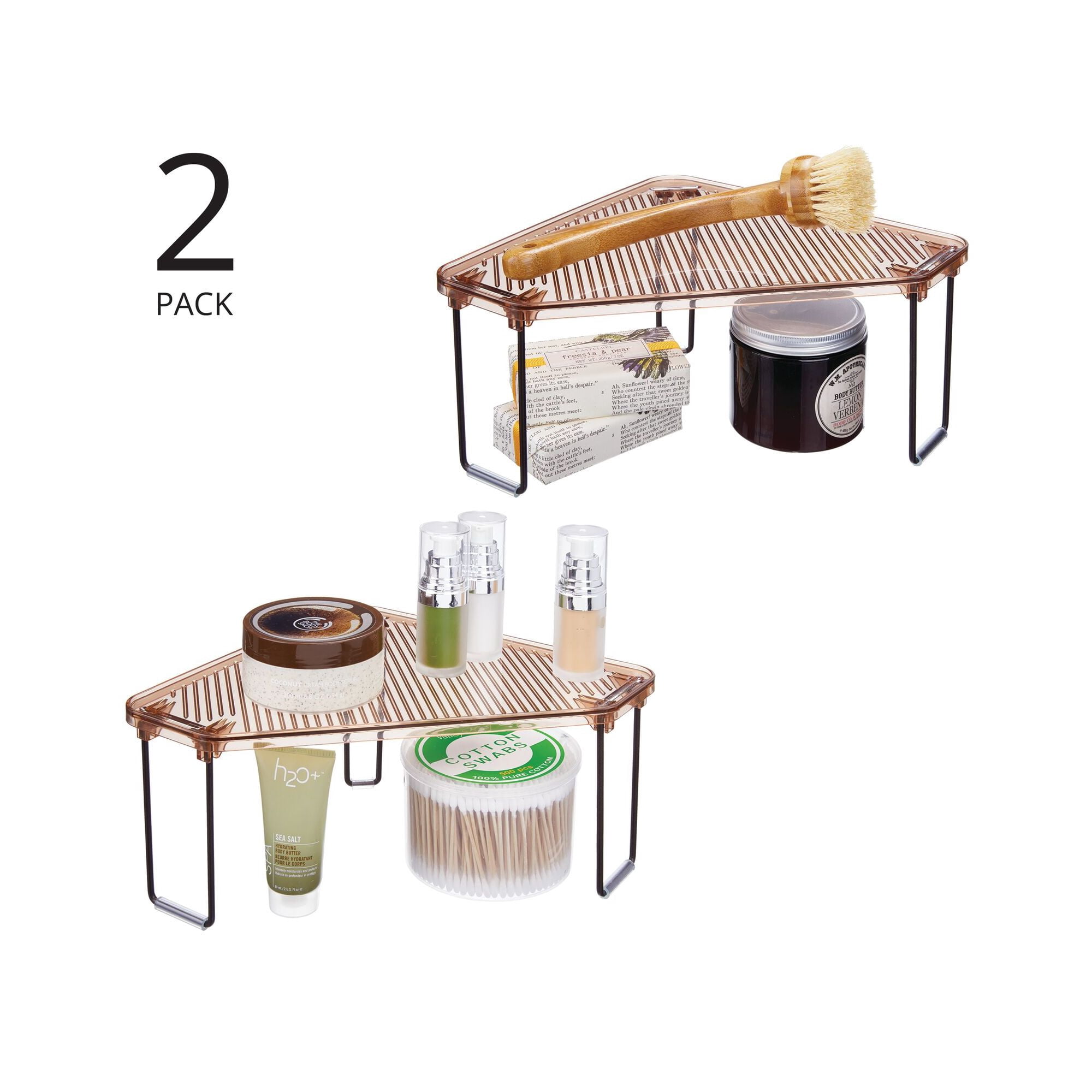 mDesign Corner Plastic/Metal Freestanding Stackable Organizer Shelf for Bathroom Vanity Countertop or Cabinet for Storing Cosmetics, Toiletries, Facial Wipes, Tissues, 2 Pack - Amber Brown/Bronze