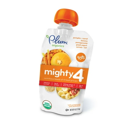 Plum Organics Mighty 4, Tots, Pumpkin,Carrot,BananaPomegranate, Quinoa, Greek Yogurt, Oat 4 Oz (6 Pack)