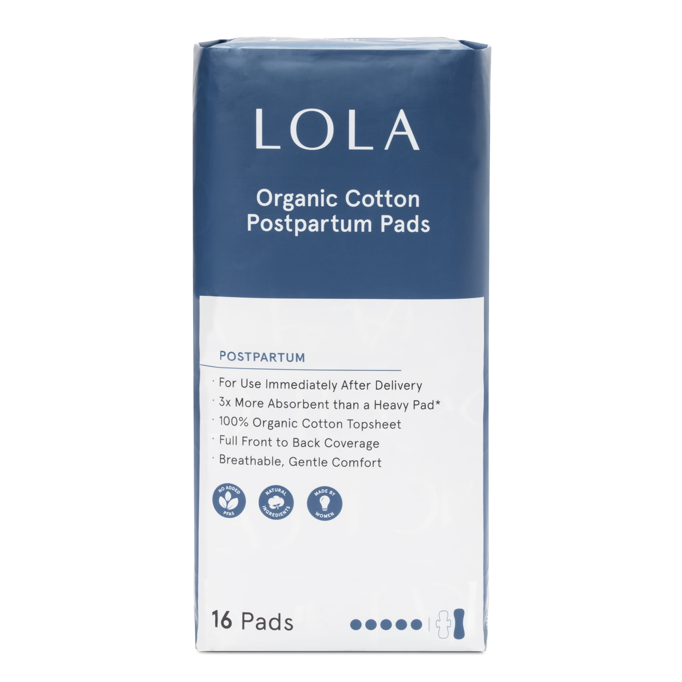 (2 pack) LOLA Organic Cotton Postpartum Pads - 16 Pads - Complete Coverage - 100% Organic Cotton Top Sheet