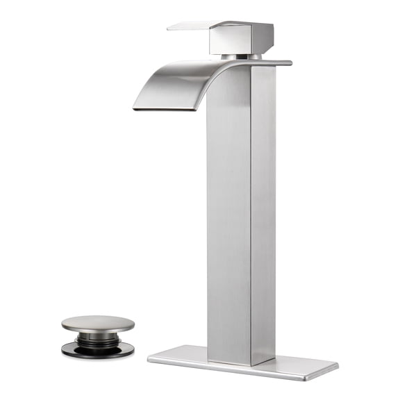 Waterfall Single-Handle Single Hole Bathroom Faucet with Deckplate Pop-up Drain Included and High-Body in Brushed Nickel
