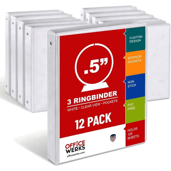 12 Pack of 0.5 Inch 3 Ring Binders, Clear View White Binders with Inside Pockets, Round Rings, Fit 8.5 x 11 Inches, School & Office Supplies