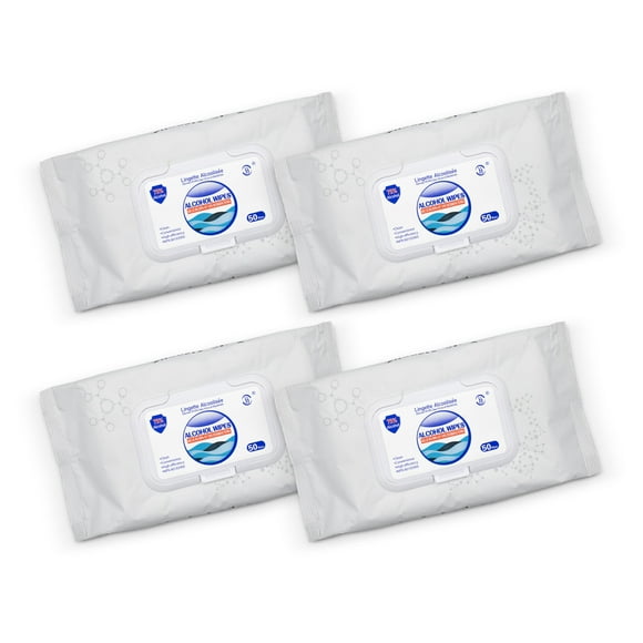 JJ Alcohol Wipes (Pack of 200) 75% Alcohol Hand Wipes with Vitamin E & Aloe Vera - 4 Pouches | 50 Wipes per Pouch